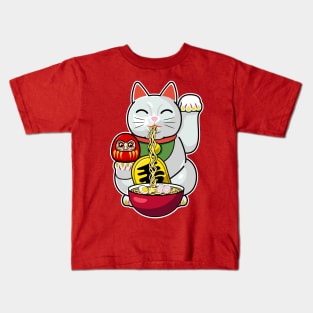 Cute Cat Eating Ramen, Maneki Neko Ramen Kids T-Shirt